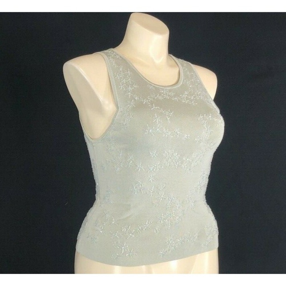 Carmen Marc Valvo LARGE Top Light Gray Clear Bead Heavy Knit Tank Shell Stretchy - Picture 5 of 8